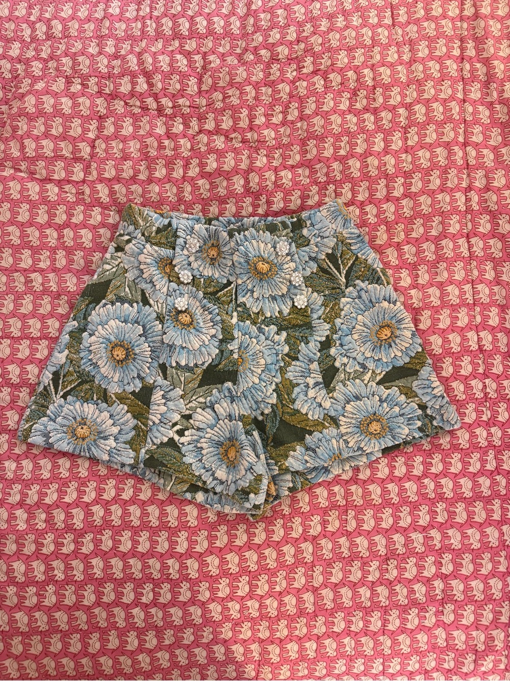Zara High-Waist Floral Jacquard Shorts in Blue and Green